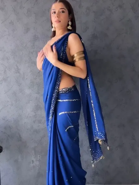 Royal Blue Georgette Saree With Sequence Work and Blouse Party Wear Saree