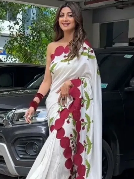 Shilpa Shetty Saree in White Model Silk With Beautiful Embroidery Bollywood Saree