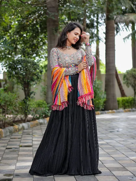 Black Color Navratri Lehenga Choli in Chinon With Crush Pattern Ready to Wear