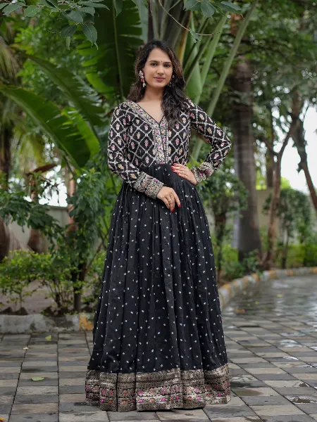 Black Color Vichitra Silk Gown With Embroidery and Jacquard Work Party Wear Indian Gown