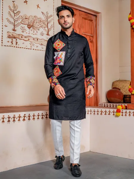 Black Navratri Kurta for Mens in Cotton With Pajama and Gamthi Work with Digital Print Patch