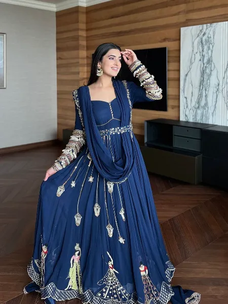 Blue Color Navratri Festival Gown With Designer Embroidery in Georgette