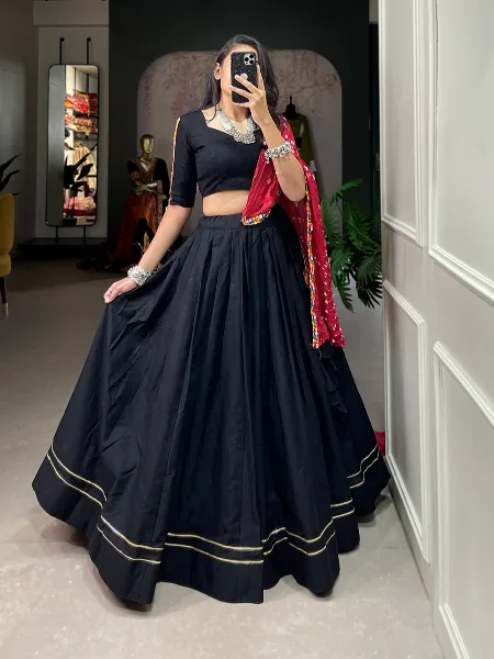 Black Navratri Lehenga Choli in Cotton With Gamthi Work Designer Blouse Readymade Chaniya Choli