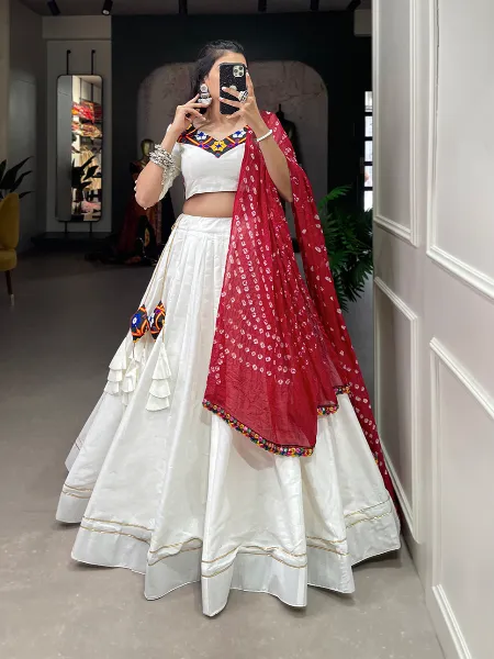 White Navratri Lehenga Choli in Cotton With Gamthi Work Designer Blouse Readymade Chaniya Choli