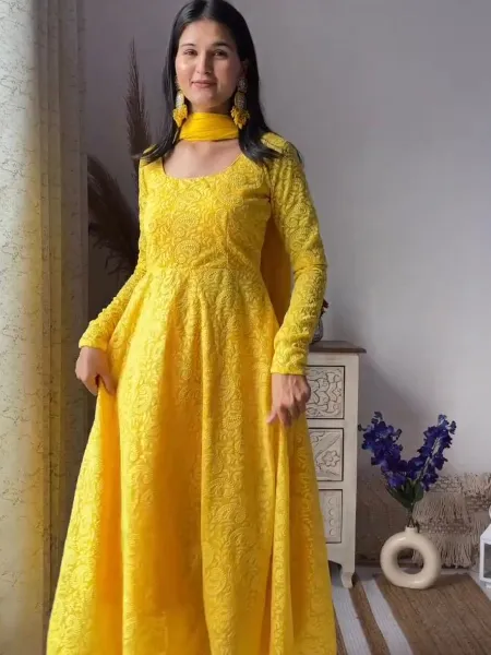 Yellow Color Designer Georgette Salwar Suit With Embroidery Work and Dupatta