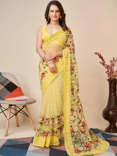 Yellow Color Designer Indian Saree With Beautiful Embroidery and Blouse