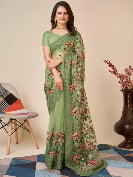 Pista Color Designer Indian Saree With Beautiful Embroidery and Blouse