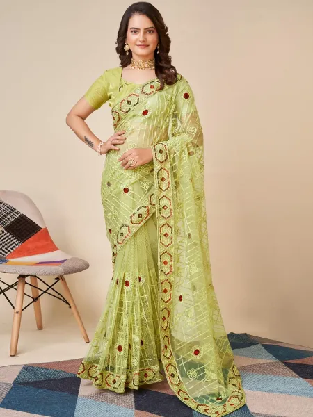Light Green Color Indian Sari in Soft Net With Beautiful Embroidery and Blouse