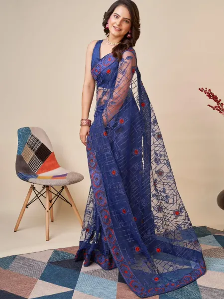 Blue Color Indian Sari in Soft Net With Beautiful Embroidery and Blouse
