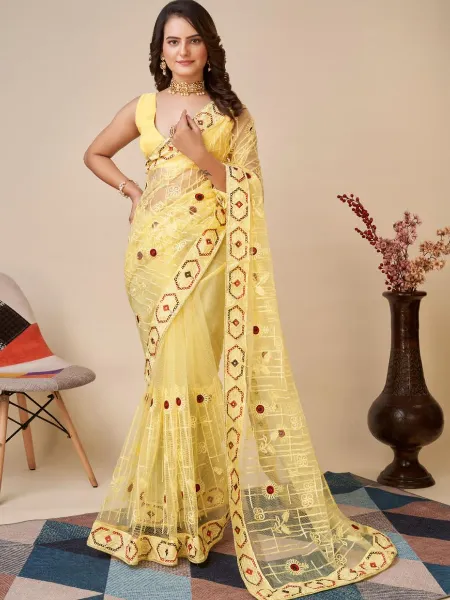 Yellow Color Indian Sari in Soft Net With Beautiful Embroidery and Blouse