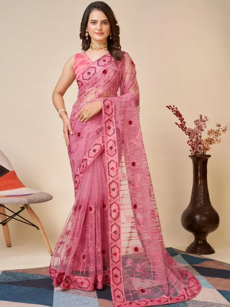 Dusty Pink Color Indian Sari in Soft Net With Beautiful Embroidery and Blouse