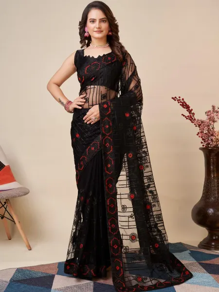Black Color Indian Sari in Soft Net With Beautiful Embroidery and Blouse