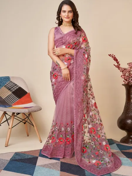 Onion Color Indian Sari in Soft Net With Colorful Embroidery and Blouse