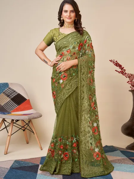Mehendi Color Indian Sari in Soft Net With Colorful Embroidery and Blouse