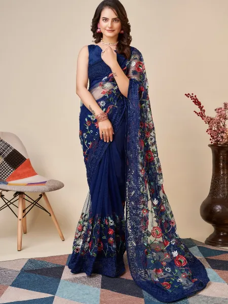 Navy Blue Color Indian Sari in Soft Net With Colorful Embroidery and Blouse