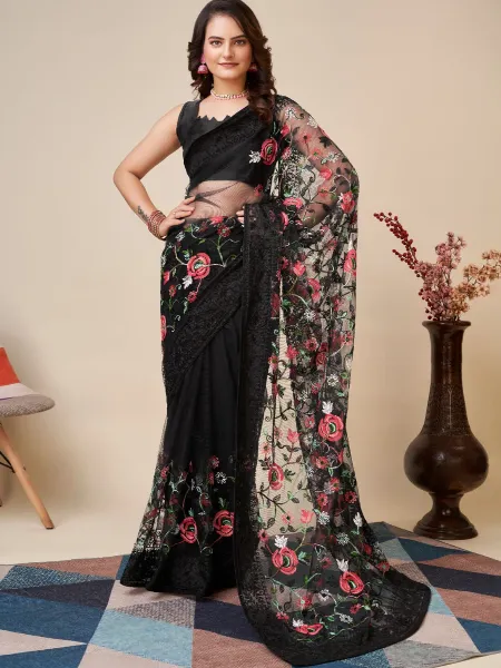 Black Color Indian Sari in Soft Net With Colorful Embroidery and Blouse