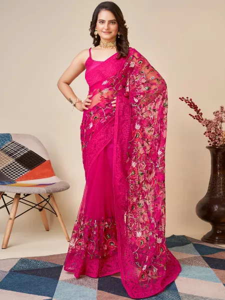 Pink Color Indian Sari in Soft Net With Colorful Embroidery and Blouse