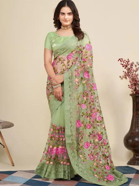 Pista Color Indian Sari in Soft Net With Designer Embroidery Work and Blouse