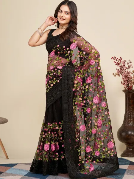 Black Color Indian Sari in Soft Net With Designer Embroidery Work and Blouse