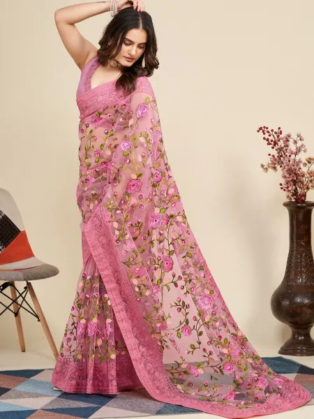 Light Pink Color Indian Sari in Soft Net With Designer Embroidery Work and Blouse