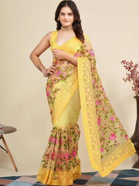 Yellow Color Indian Sari in Soft Net With Designer Embroidery Work and Blouse