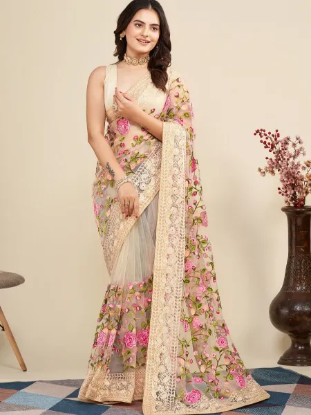Cream Color Indian Sari in Soft Net With Designer Embroidery Work and Blouse