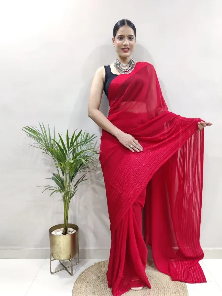 Red Color Ready to Wear Saree in Pure Georgette With Tara Sitara Weaving