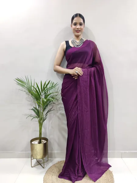 Wine Color Ready to Wear Saree in Pure Georgette With Tara Sitara Weaving