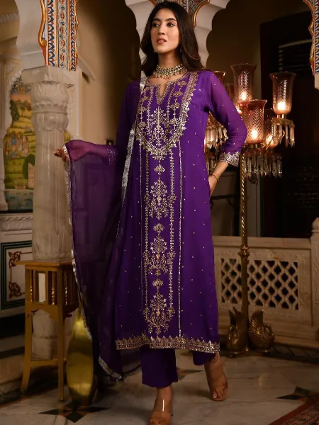 Purple Georgette Top with Pant and Dupatta Set with Embroidery and Real Foil Work 