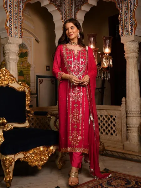 Pink Georgette Top with Pant and Dupatta Set with Embroidery and Real Foil Work 