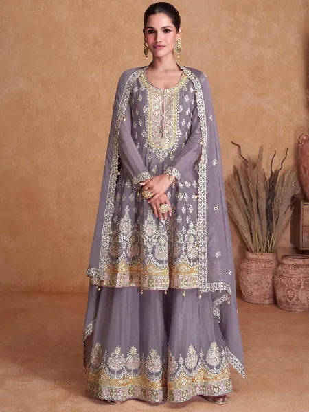 Grey Color Georgette Top With Sharara and Dupatta With Heavy Embroidery