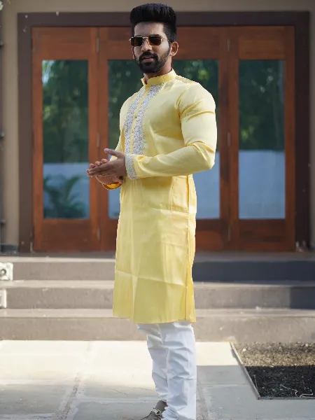 Yellow Color Shiny Silk Mens Kurta Pajama With Embroidery on Neck and Sleeve