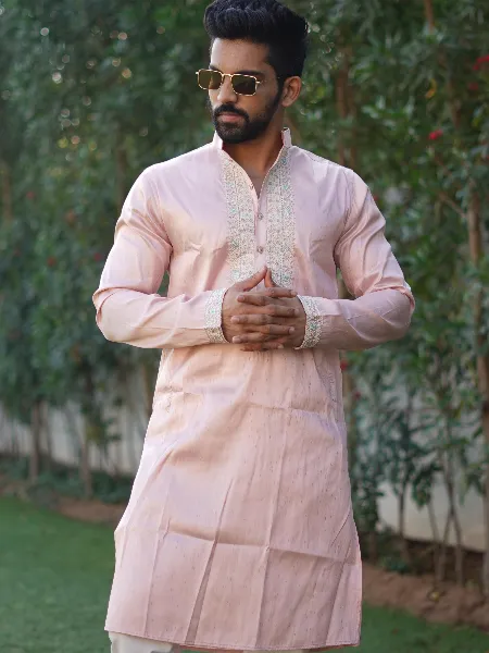 Light Pink Color Shiny Silk Mens Kurta Pajama With Embroidery on Neck and Sleeve