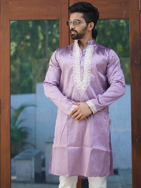 Purple Color Shiny Silk Mens Kurta Pajama With Embroidery on Neck and Sleeve