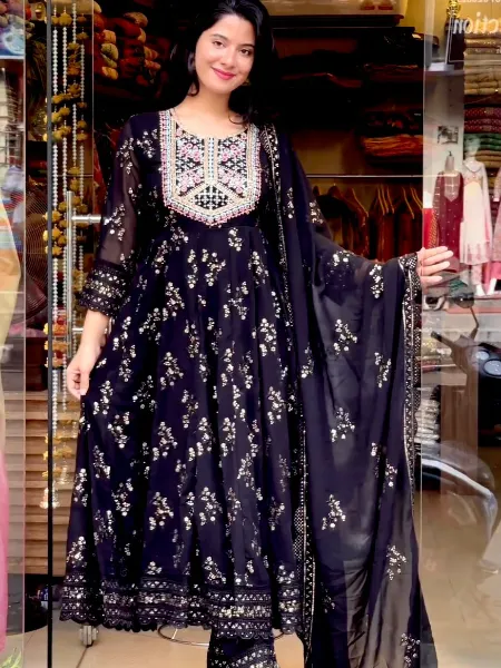 Black Color Georgette Gown With Embroidery Sequence Work and Dupatta