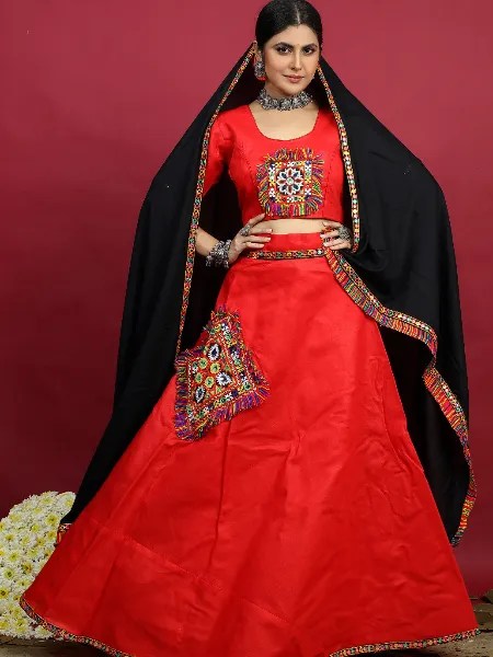 Red Color Navratri Lehenga Choli in Cotton With Gamathi Work Patch and Dupatta