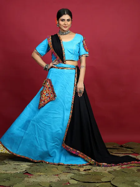 Sky Blue Color Navratri Lehenga Choli in Cotton With Gamathi Work Patch and Dupatta