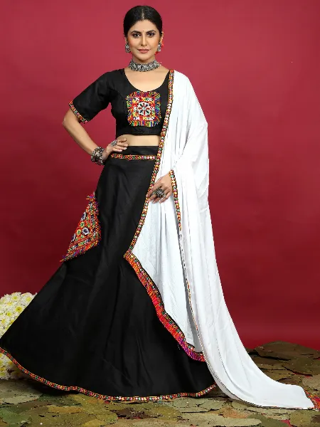 Black Color Navratri Lehenga Choli in Cotton With Gamathi Work Patch and Dupatta