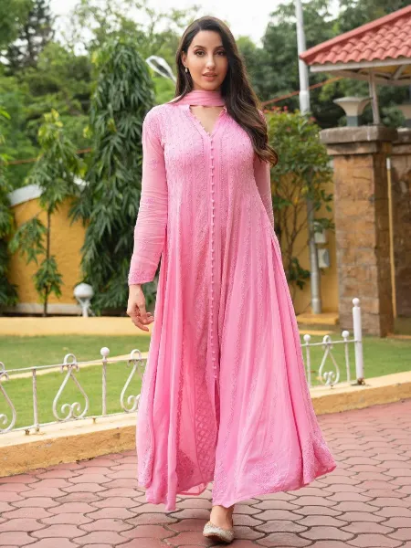Nora Fatehi Pink Color Georgette Anarkali Suit With Pant and Dupatta With Embroidery