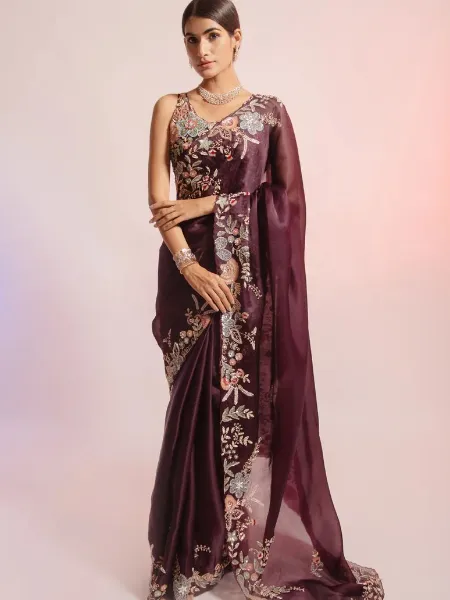 Wine Color Indian Wedding Saree With Heavy Coding and Sequence Embroidery Work