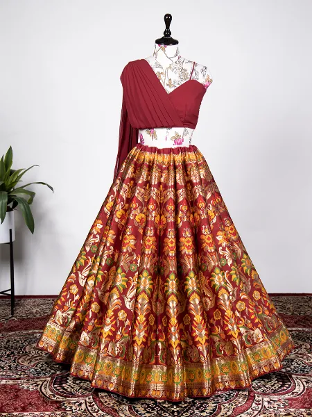 Maroon Banarasi Silk Lehenga Choli Zari Weaving Work Lehenga With Readymade Blouse Attached Georgette Fancy Dupatta for Indian Bridal Wear