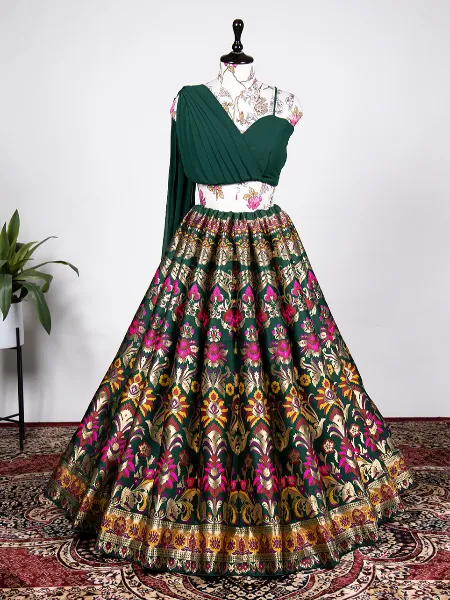Green Banarasi Silk Lehenga Choli Zari Weaving Work Lehenga With Readymade Blouse Attached Georgette Fancy Dupatta for Indian Bridal Wear
