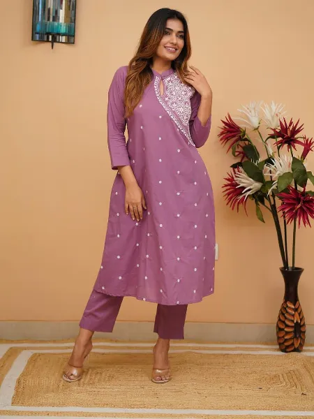 Lavender Color Designer Kurti Pant Set With Cotton Thread Embroidery Work