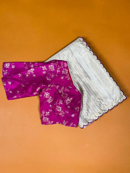 White Manipuri Tussar Silk Saree With Arca Work and Purple Zari Weaving Work Blouse
