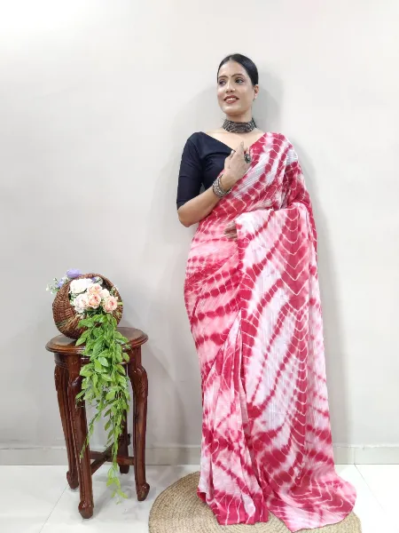 Pink Soft Fabric Ready to Wear Saree With Leriya Print Work and Blouse