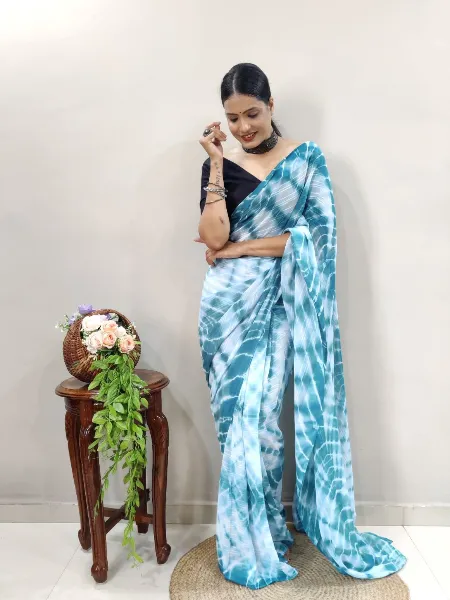Sky Blue Soft Fabric Ready to Wear Saree With Leriya Print Work and Blouse