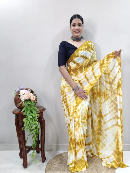 Mustard Soft Fabric Ready to Wear Saree With Leriya Print Work and Blouse