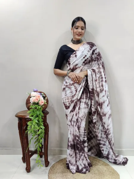 Brown Soft Fabric Ready to Wear Saree With Leriya Print Work and Blouse