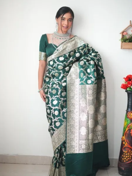 Bottle Green Ready to Wear Soft Lichi Silk Saree With Jacquard Zari Weaving
