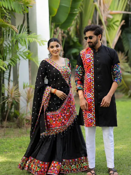 Black Color Malai Silk Navratri Couple Combo With Gamthi Work Ready to Wear